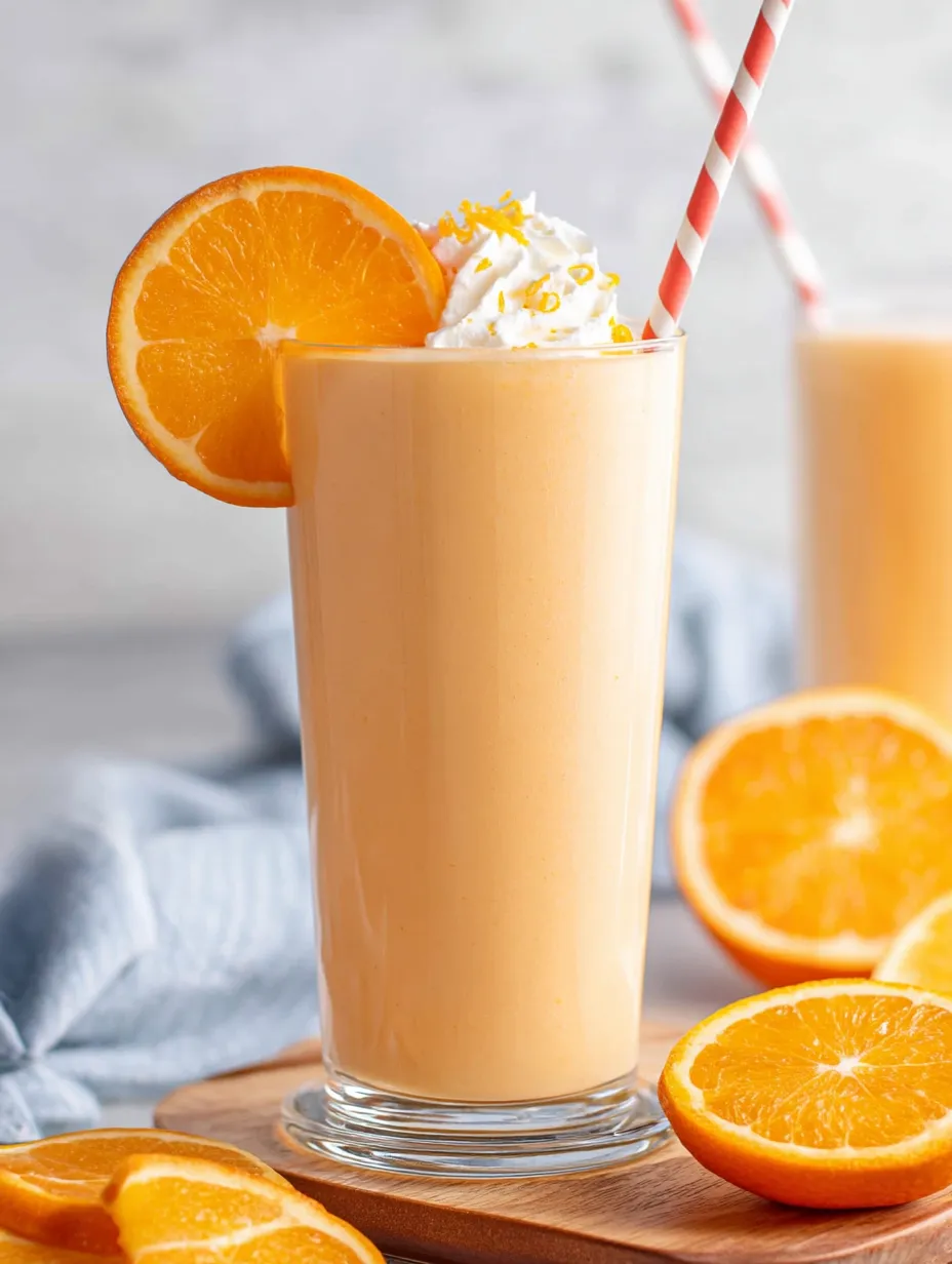 A frothy orange beverage topped with fresh citrus slices.