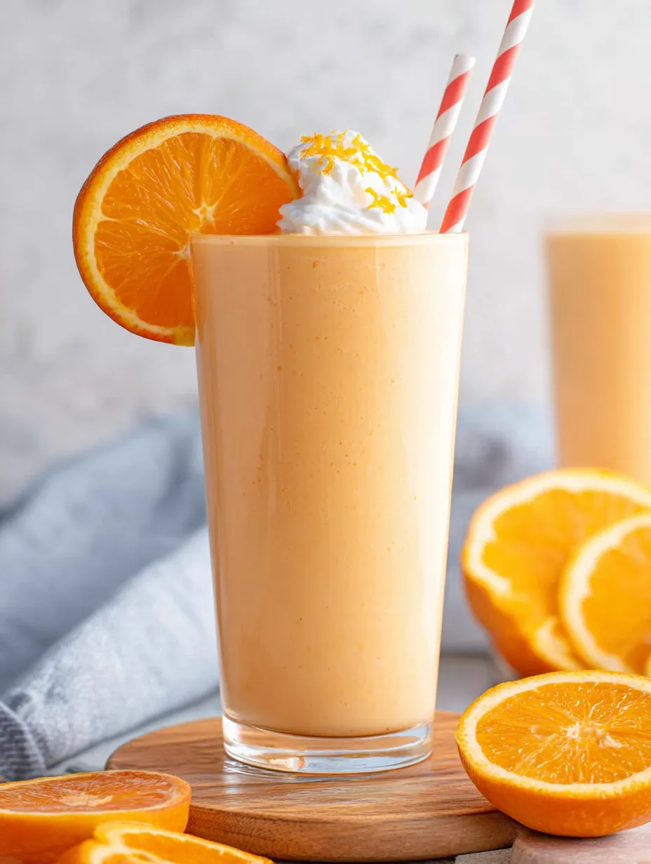 A creamy orange beverage with fresh fruit garnish on the side.