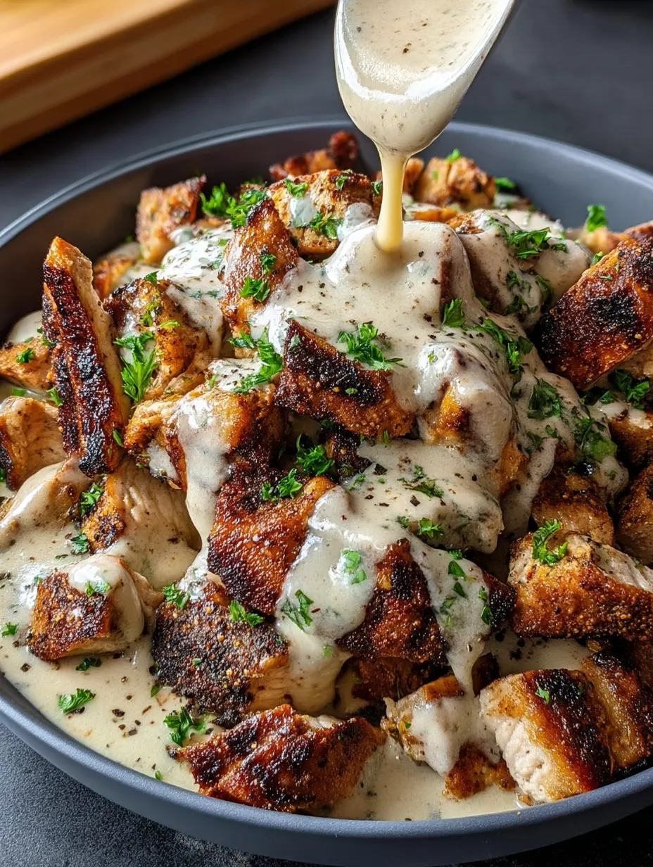 A bowl of chicken shawarma with sauce.