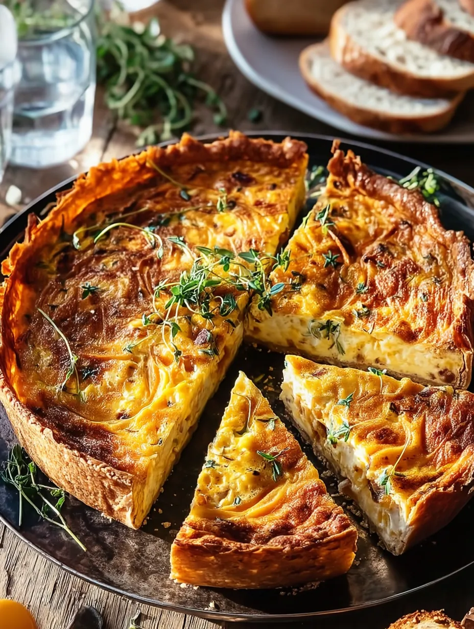 A slice of quiche with herbs on top.