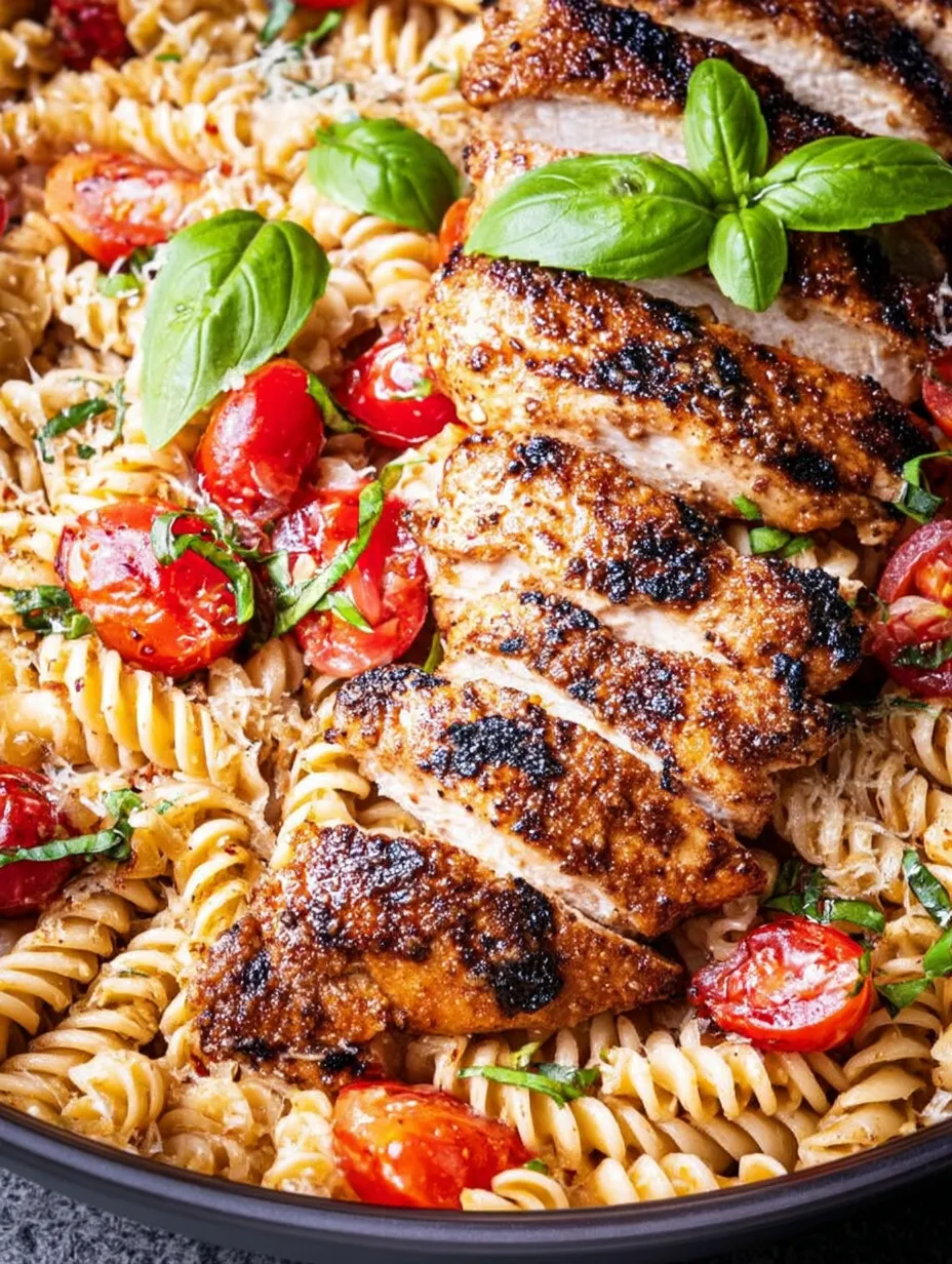 A plate of pasta with chicken and tomatoes.