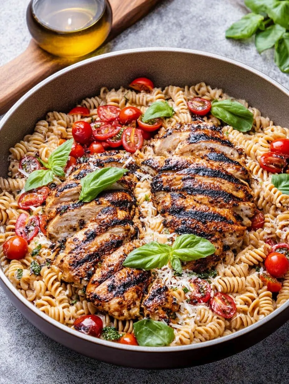 A plate of food with chicken, pasta, tomatoes, and basil.