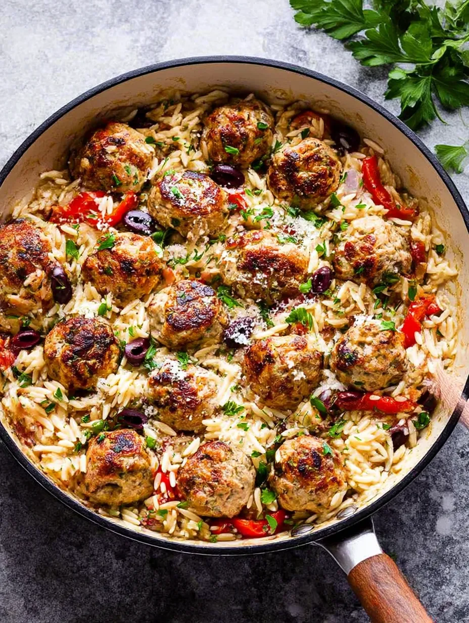 Greek Meatballs and Orzo Skillet Recipe.
