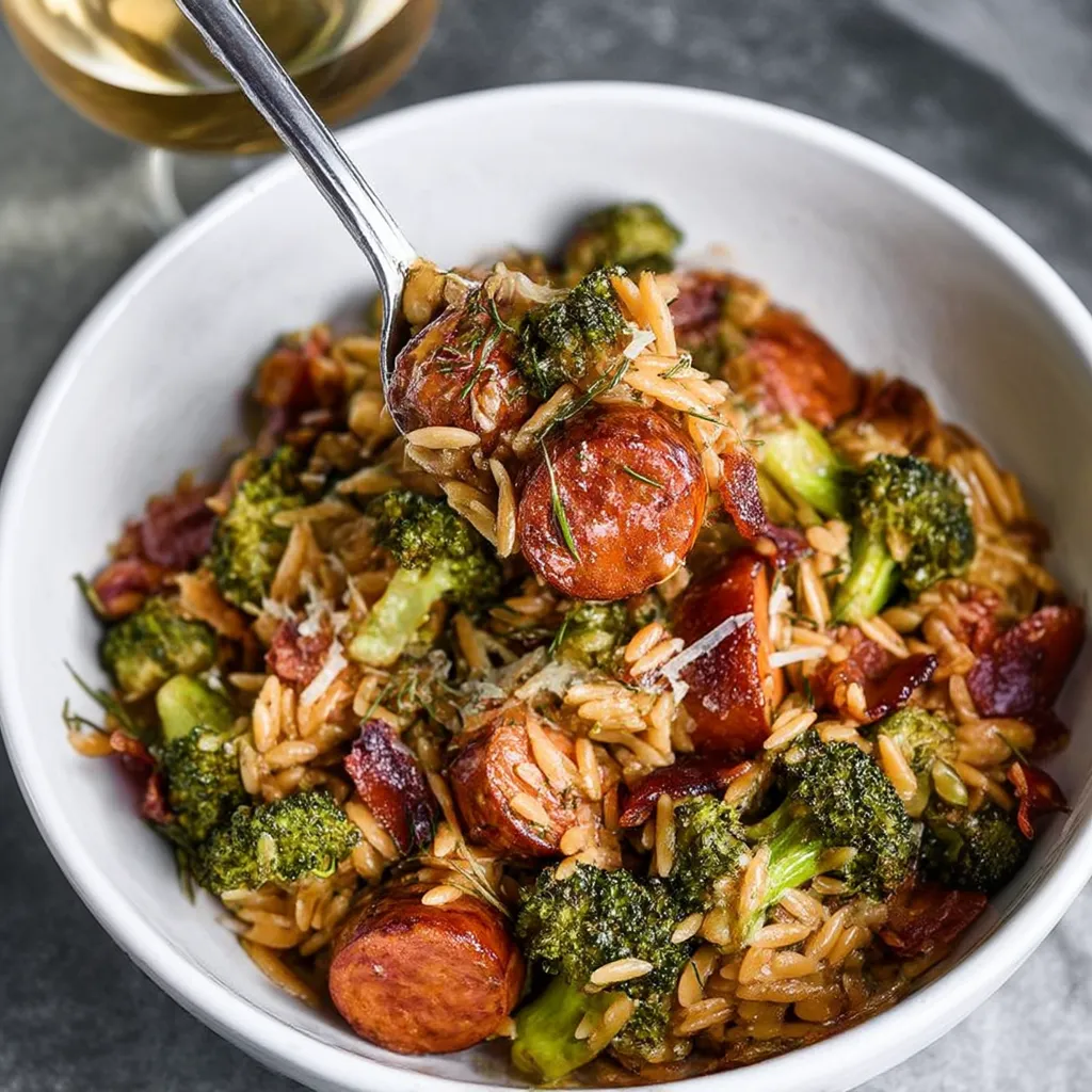Savory Sausage, Broccoli and Orzo Skillet.
