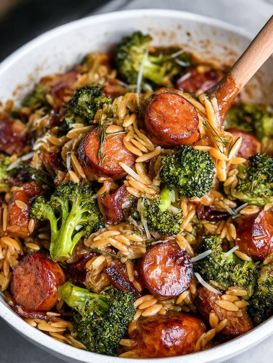 A bowl of Chicken Sausage, Broccoli and Orzo Skillet.