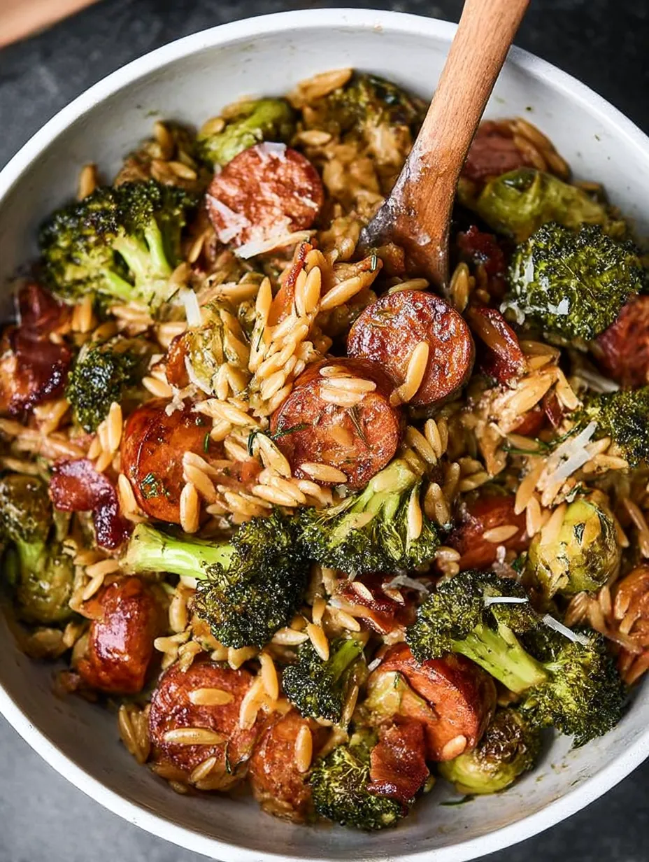 A bowl of Chicken Sausage, Broccoli and Orzo.