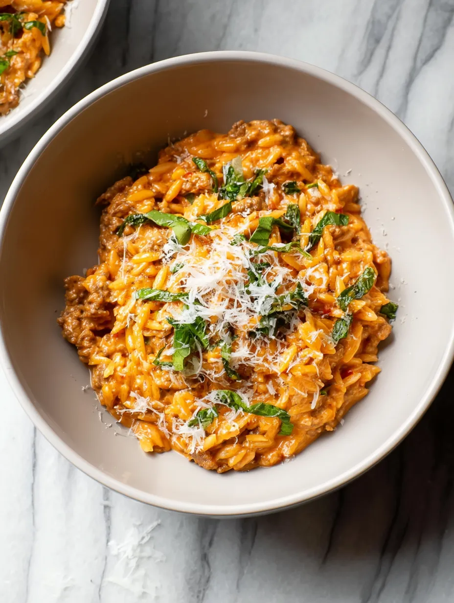 A bowl of Ground Beef Orzo with Tomato Cream Sauce.
