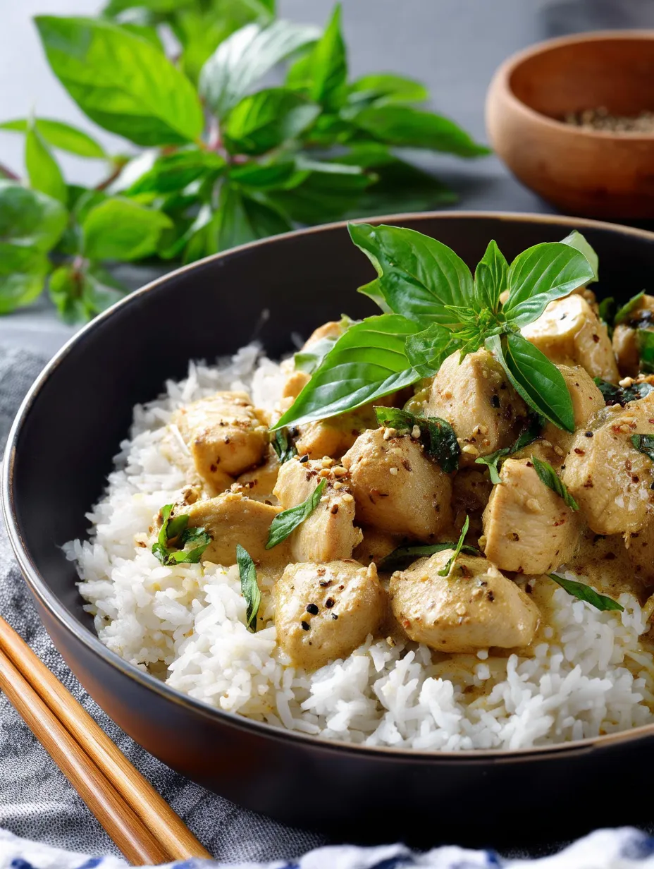A bowl of Basil Chicken with Coconut Curry Sauce.