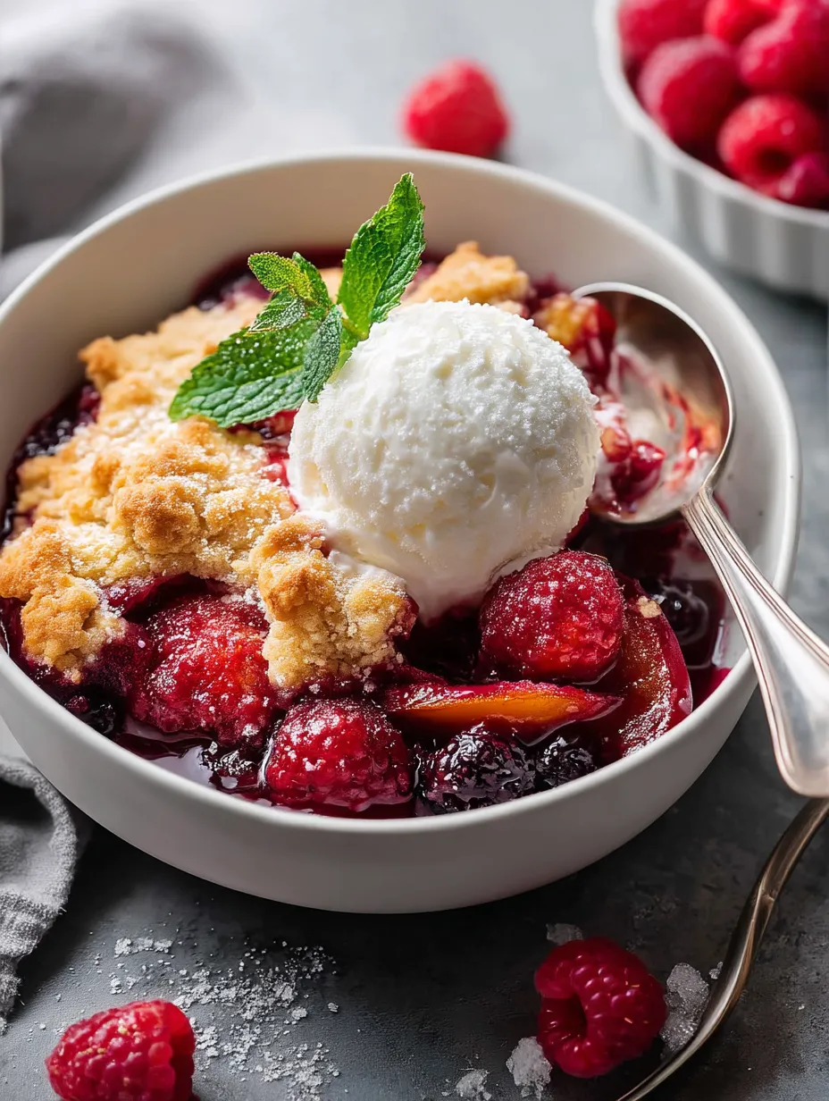 A Bowl of Peach and Raspberry Cobbler.