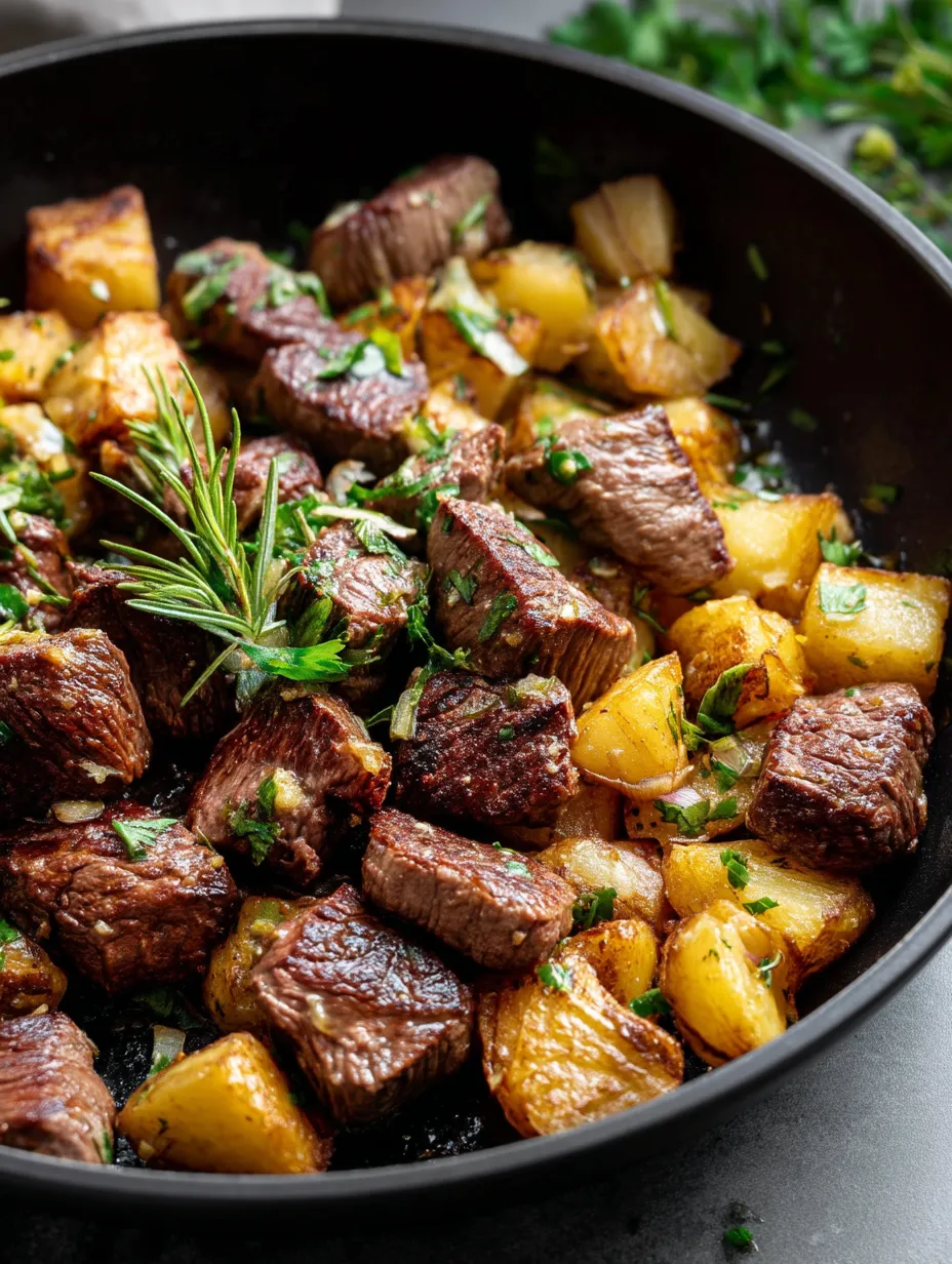 A Bowl of Garlic Butter Steak Bites and Potatoes.