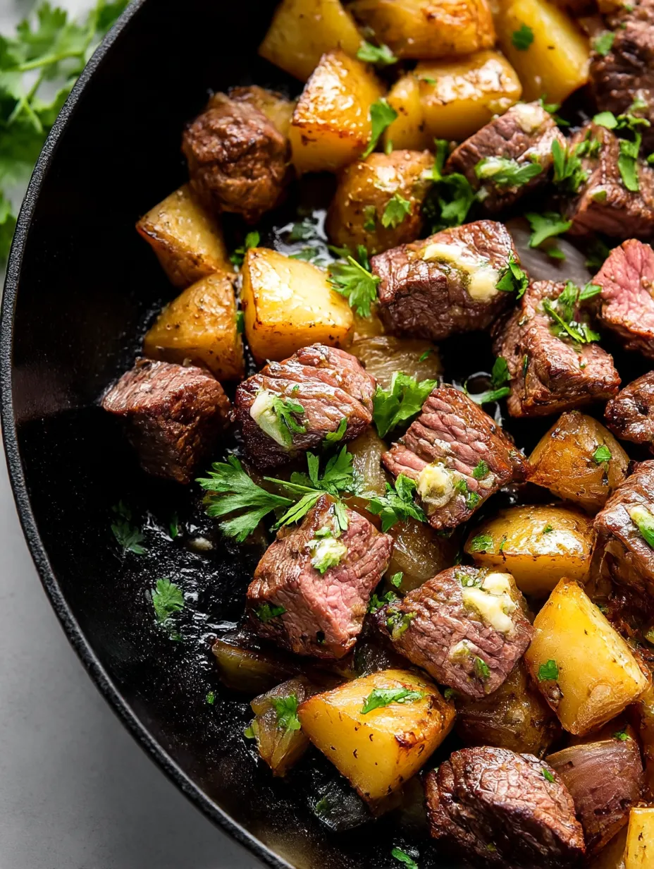 A Close Up of a Plate of Garlic Butter Steak Bites and Potatoes.