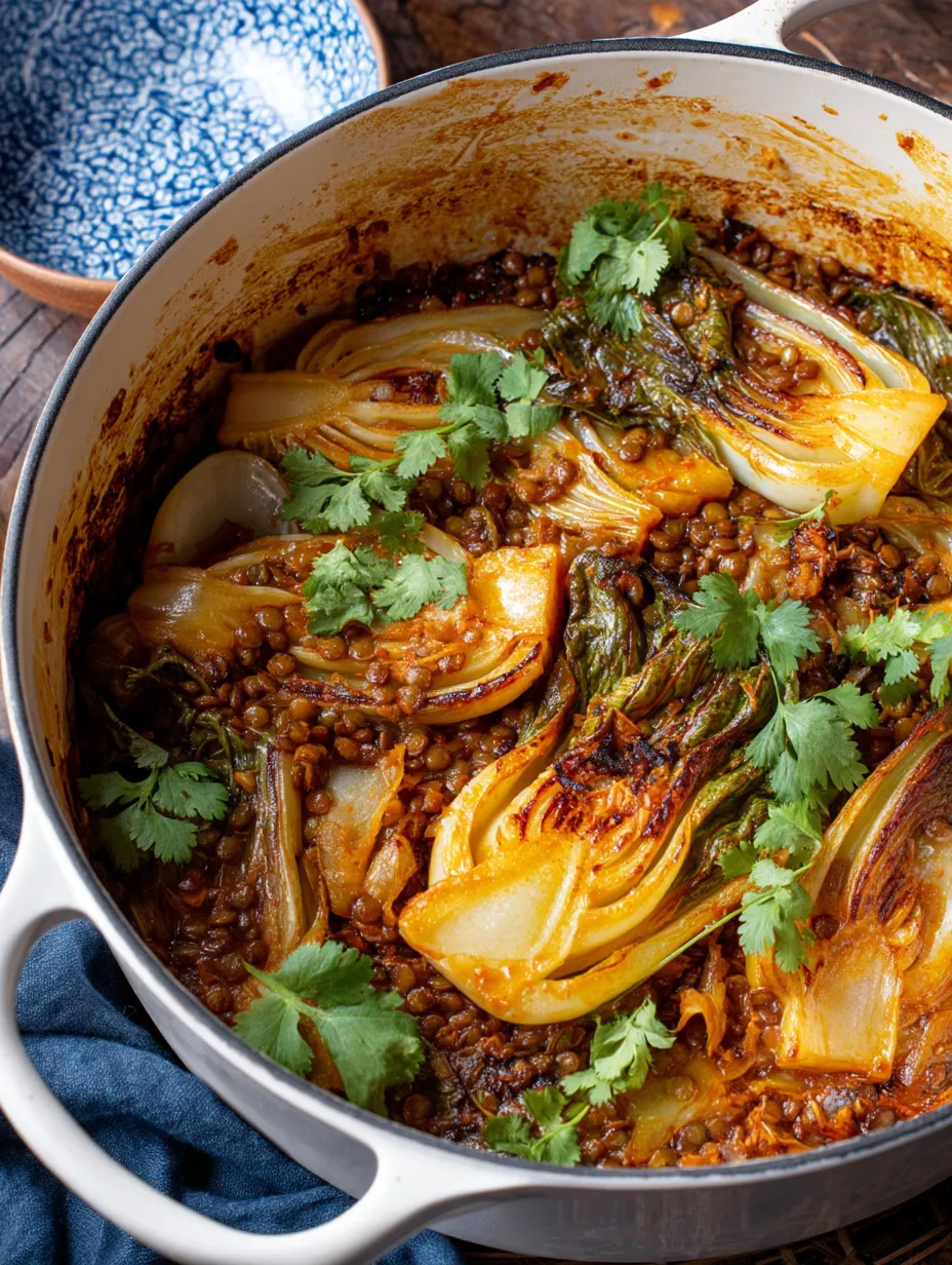 A pot of Braised Cabbage & Lentils Recipe.