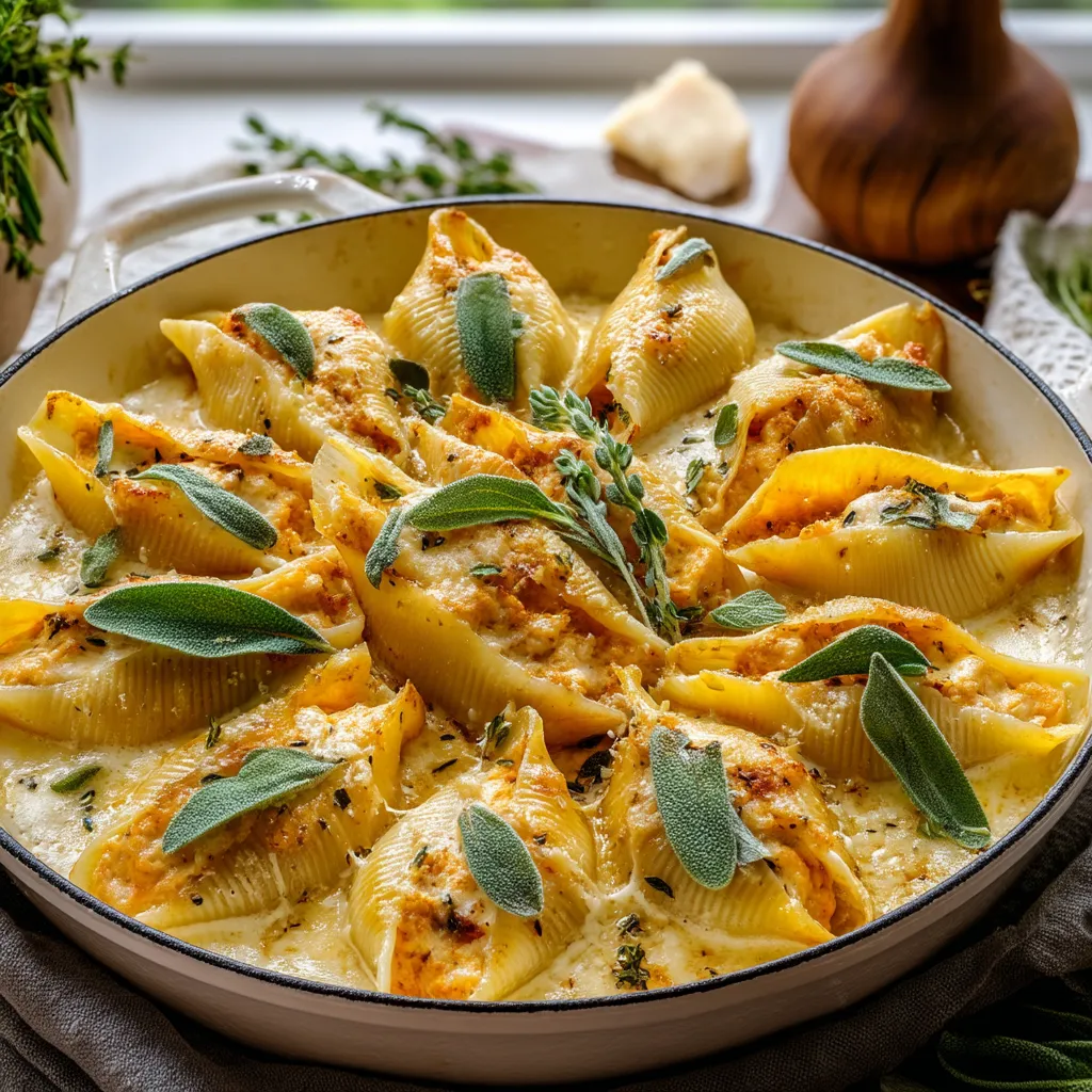Gouda and Pumpkin Stuffed Shells with Creamy Sage Alfredo Sauce