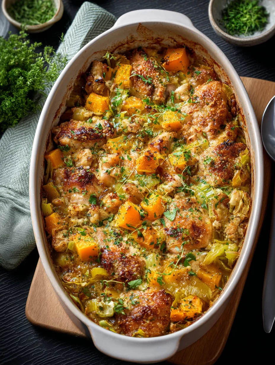 A bowl of Chicken, Leek and Butternut Squash Bake.