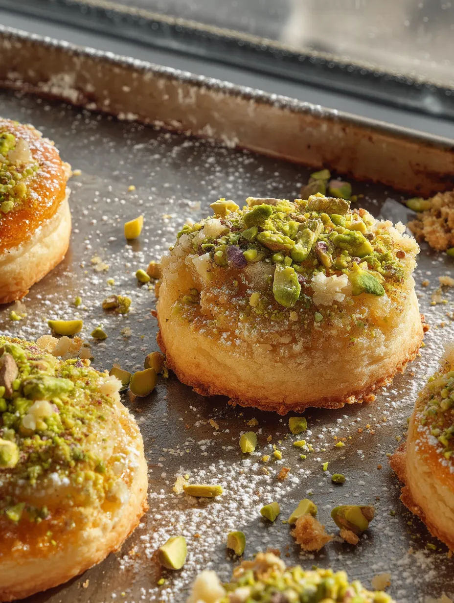 A tray of pastries with pistachio nuts on top.