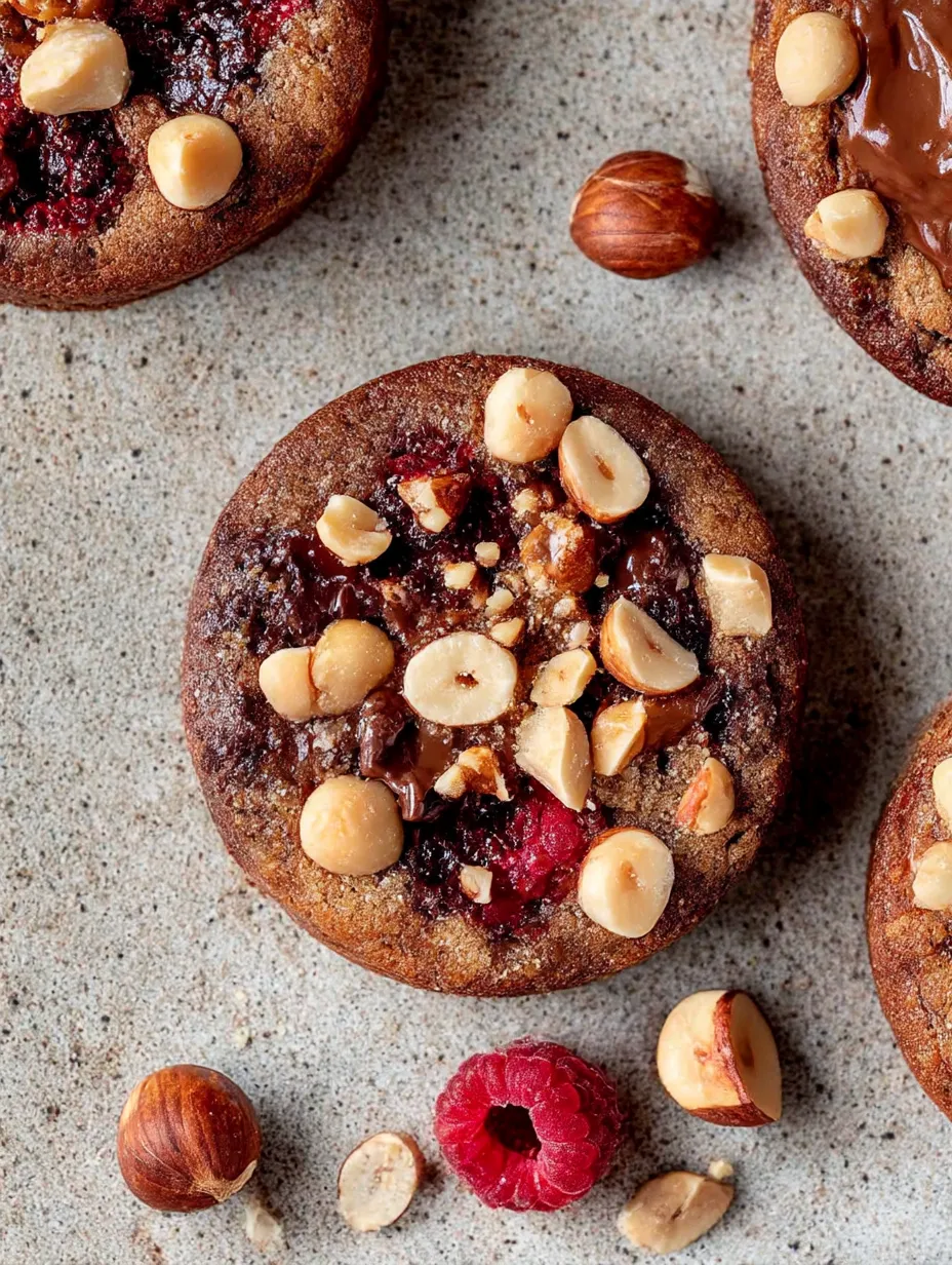 A close up of a chocolate raspberry hazelnut cookies.