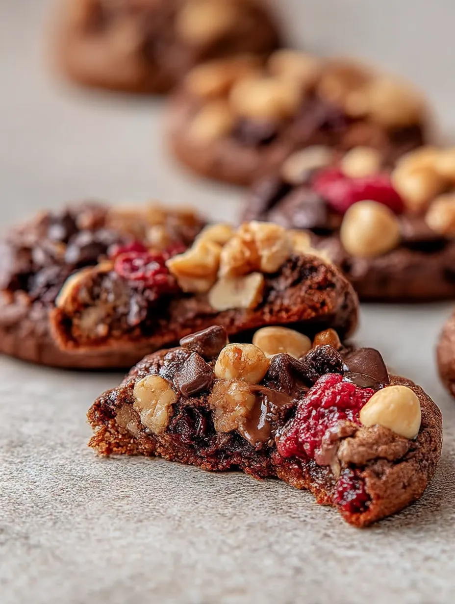 A close up of a French style chocolate raspberry hazelnut cookies.