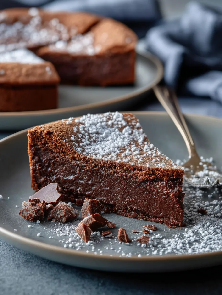 A slice of French Chocolate Moelleux Cake Recipe.
