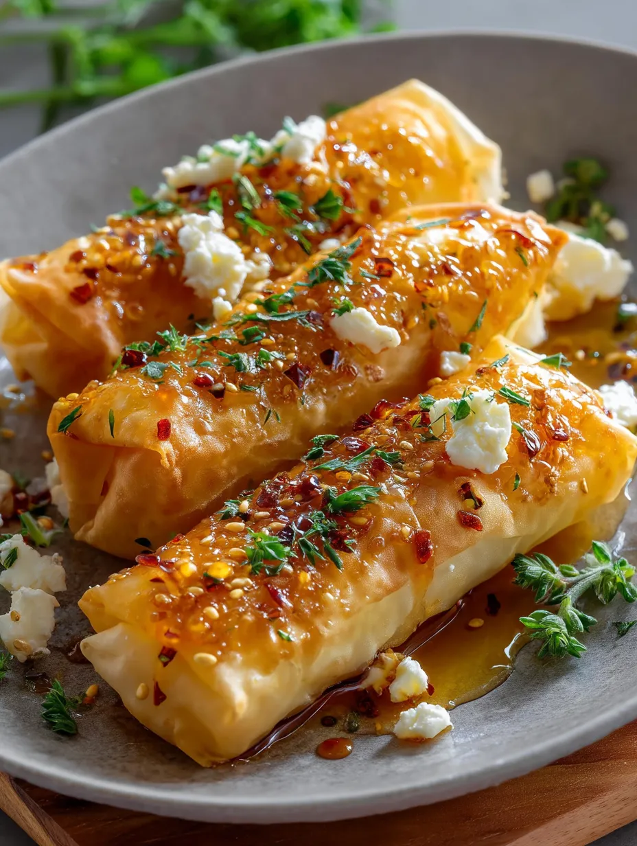 A plate of Fried Feta Rolls with Chili Honey.