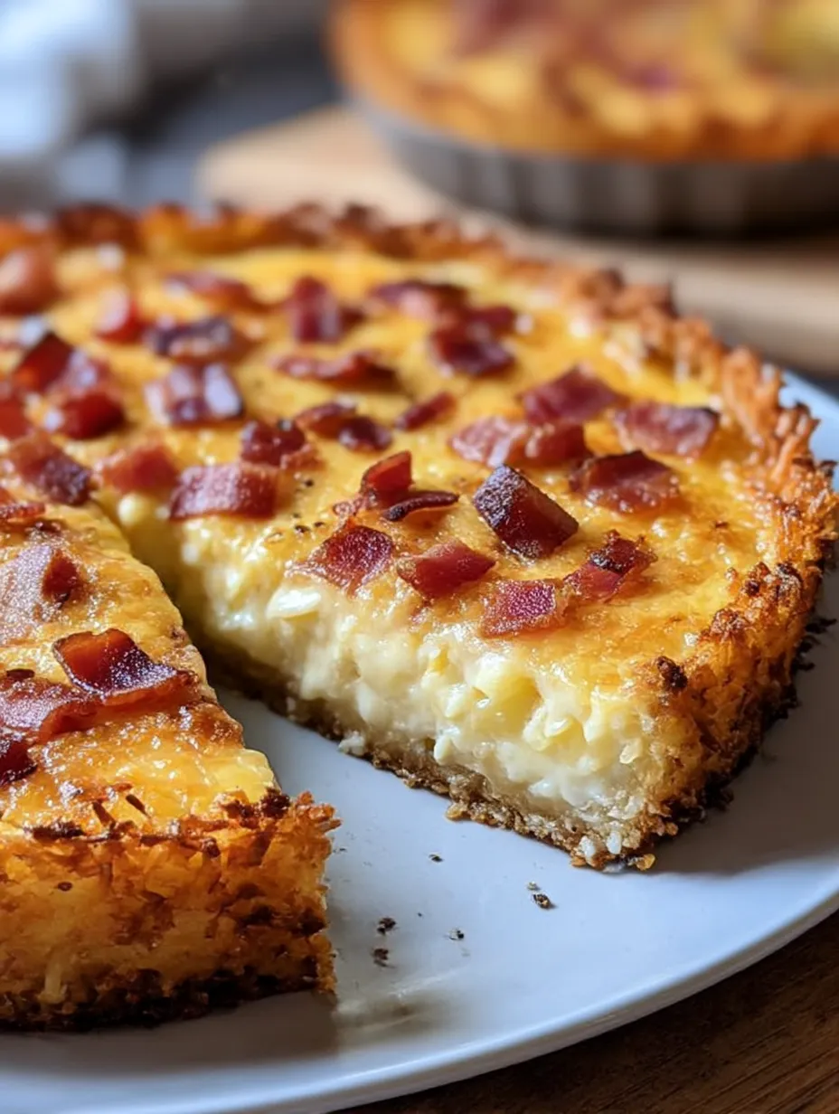 A slice of bacon and cheese quiche with hashbrown crust.