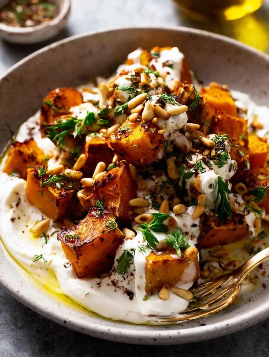 A bowl of Roasted Pumpkin with Lemon Yogurt Sauce.
