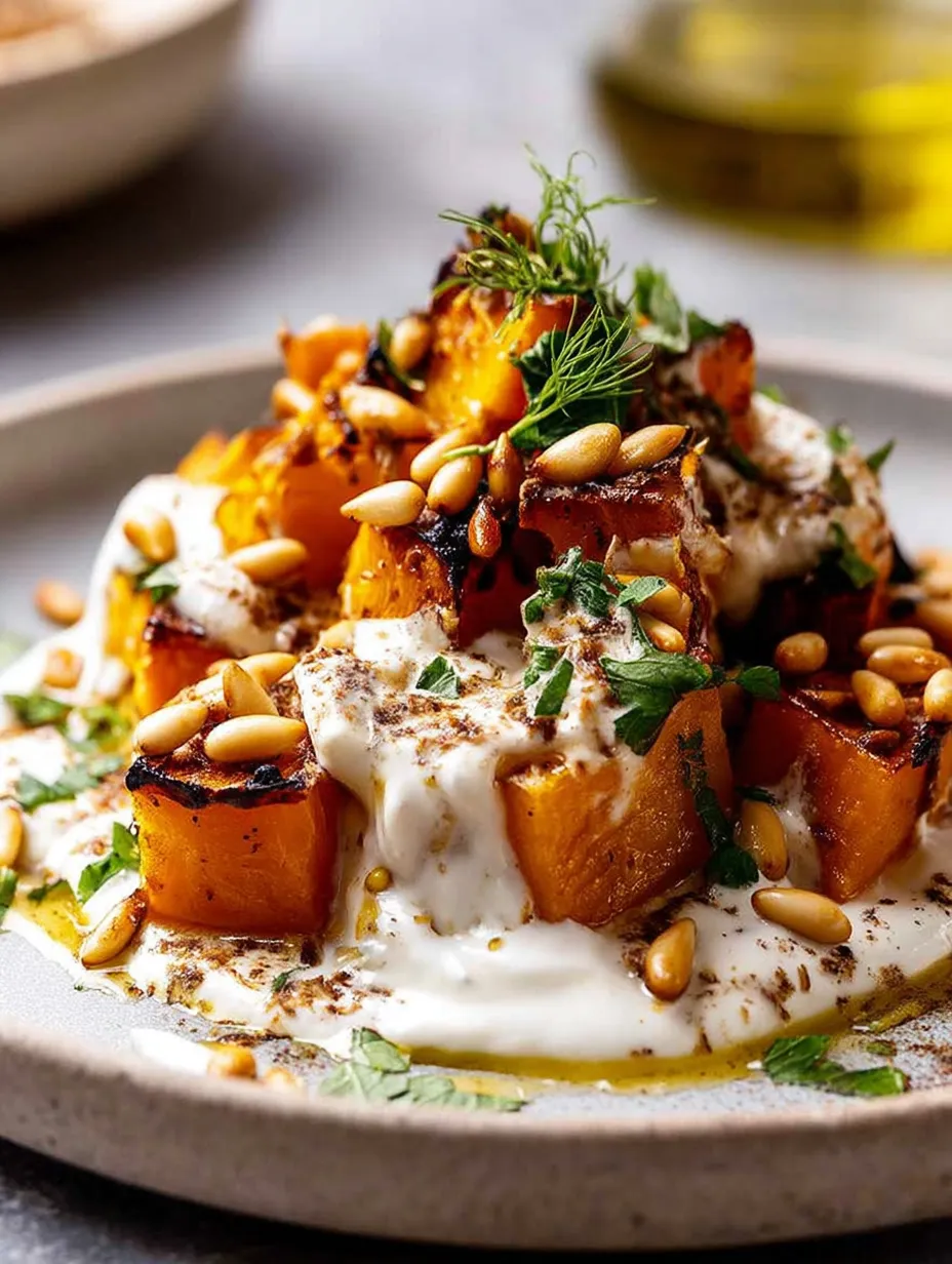 A plate of Roasted Pumpkin with Lemon Yogurt Sauce.
