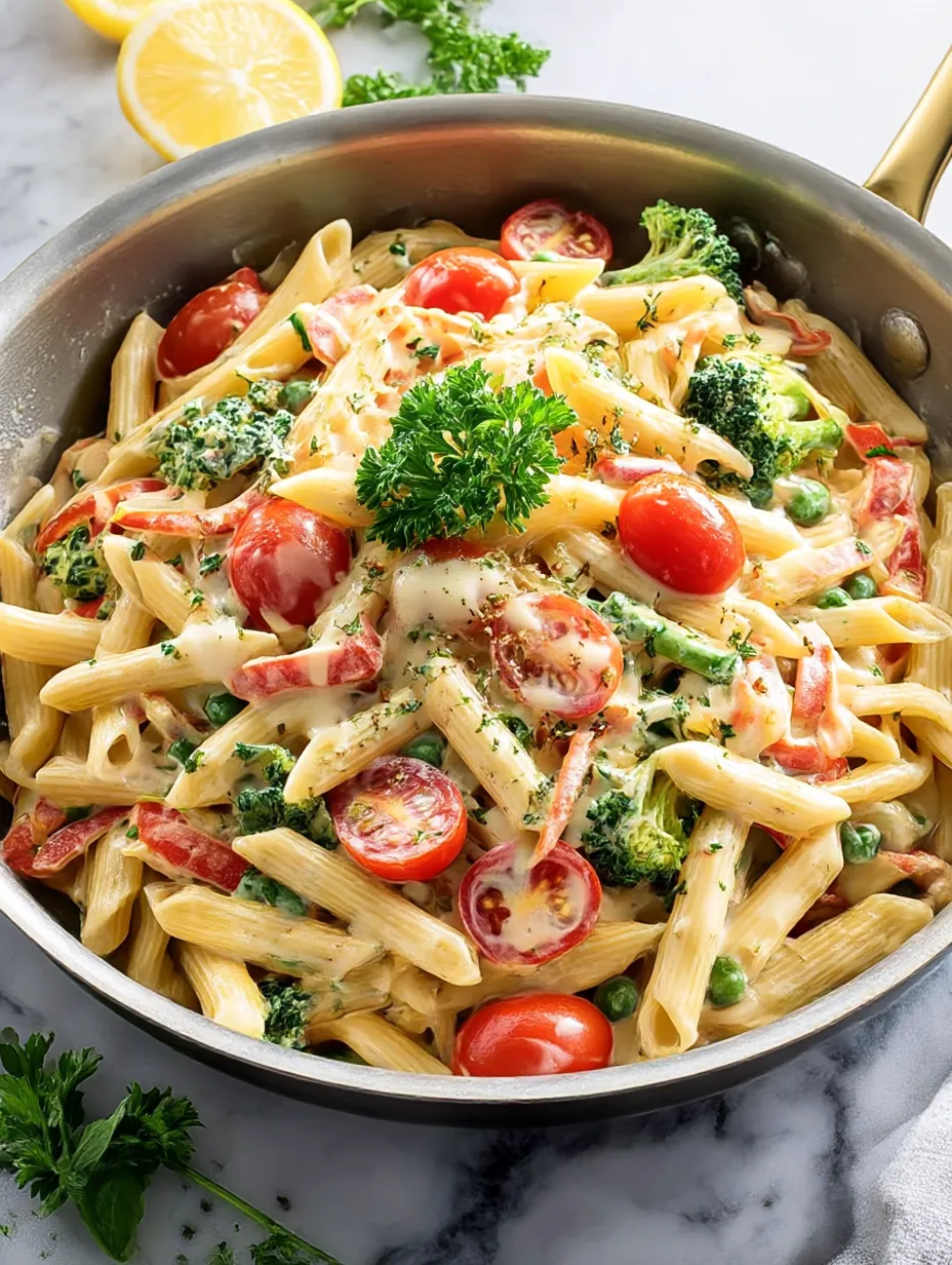 A bowl of pasta with tomatoes, broccoli, and cheese.