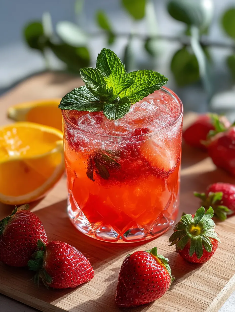 A glass of red drink with a strawberry on top.