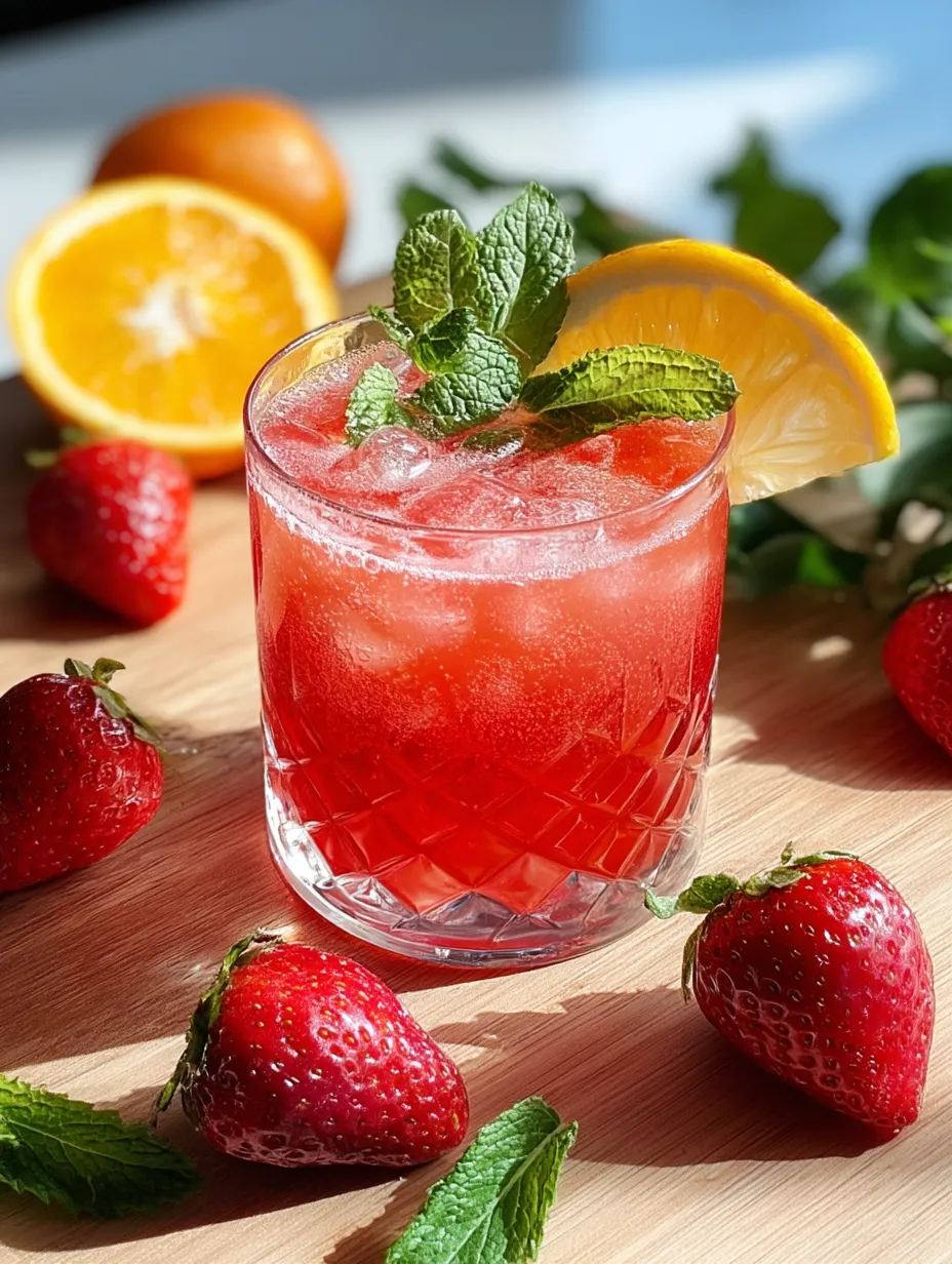 A glass of red drink with strawberries and oranges.