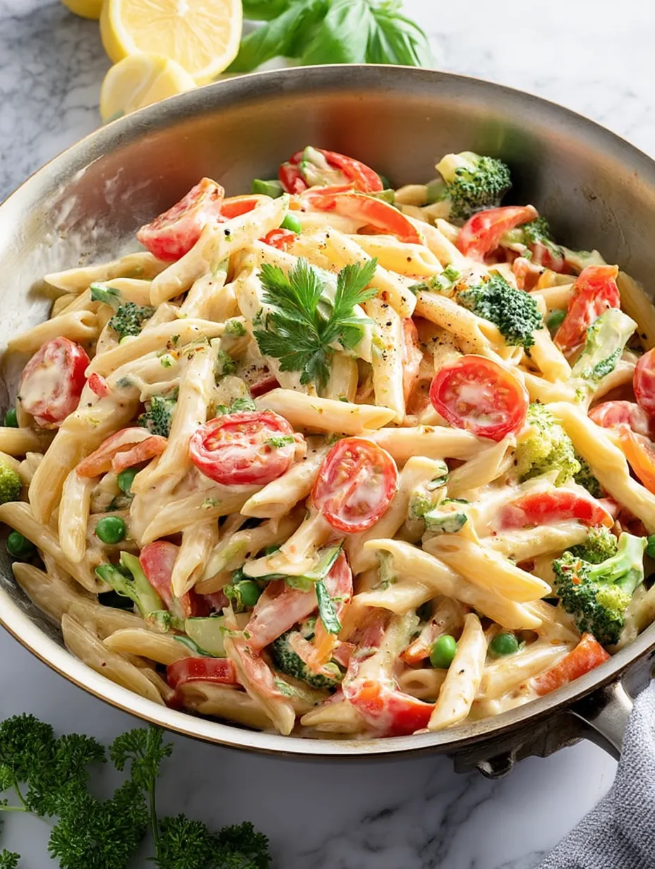 A bowl of pasta with tomatoes and broccoli.