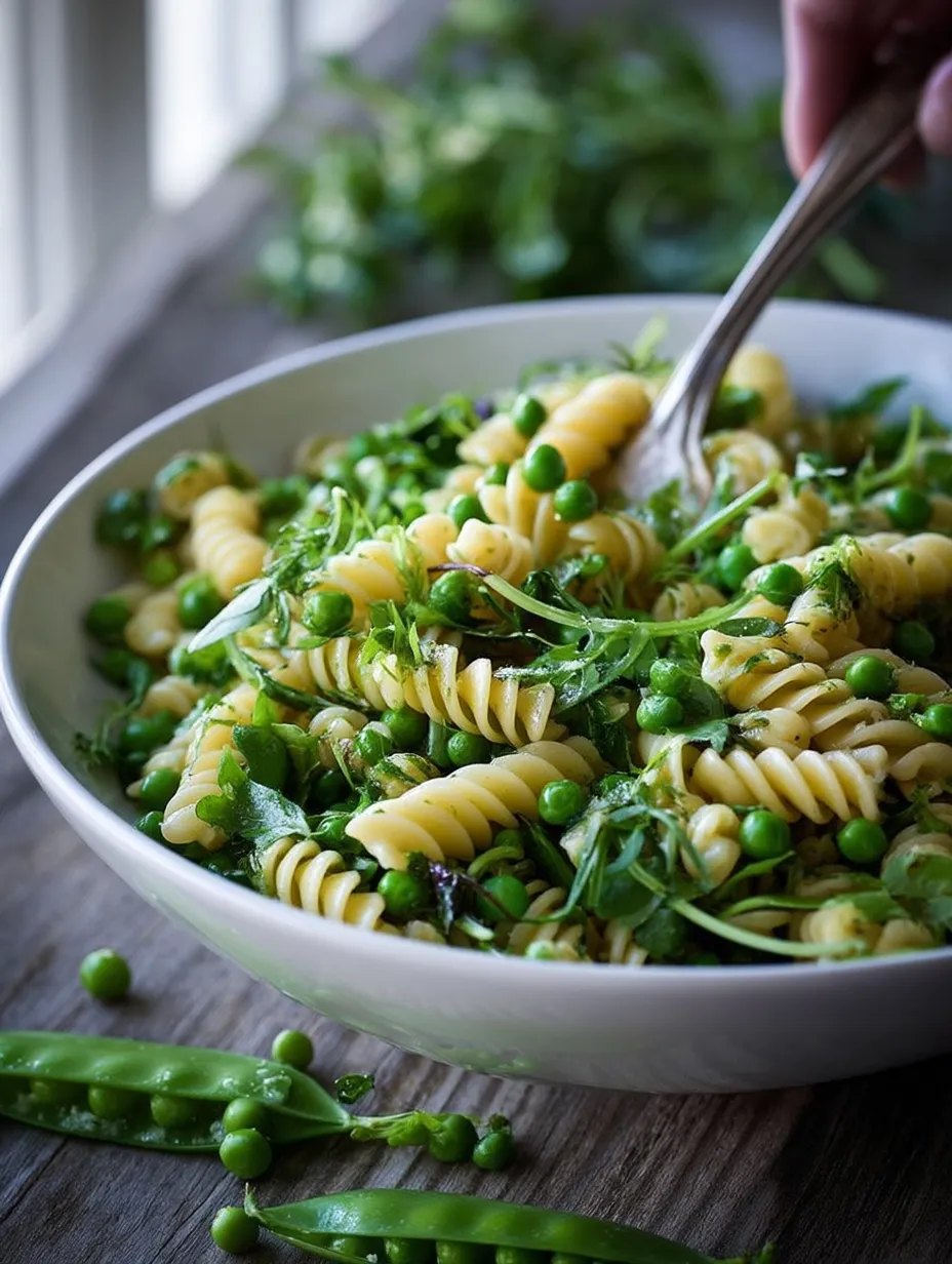 A bowl of pasta with peas and greens.