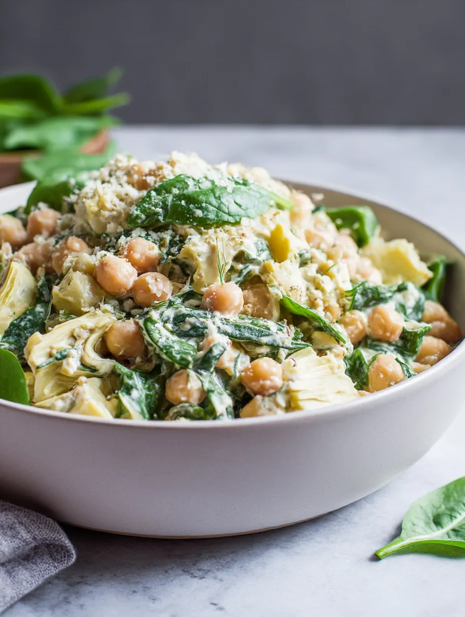 A bowl of food with chickpeas, spinach, and cheese.