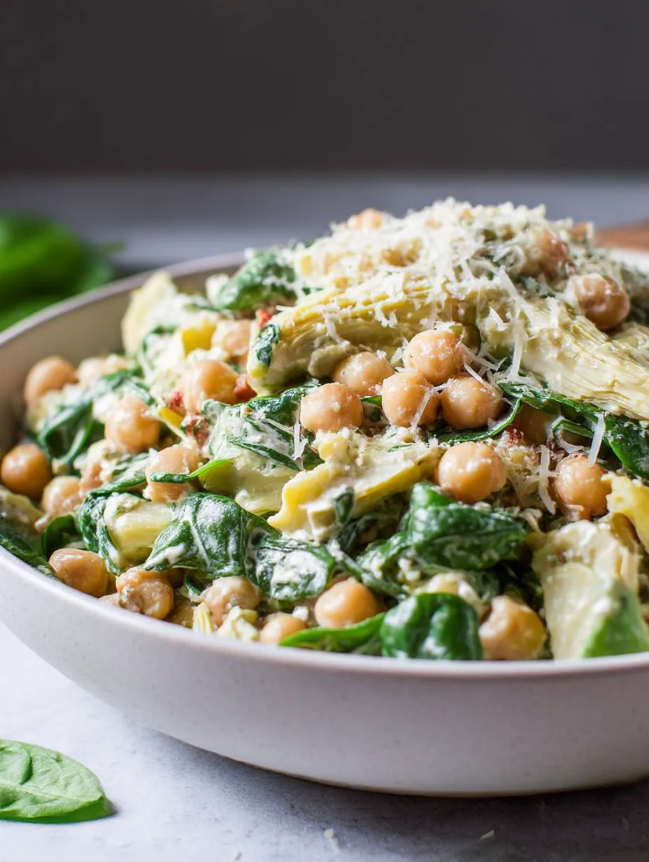 A bowl of food with chickpeas, spinach, and cheese.