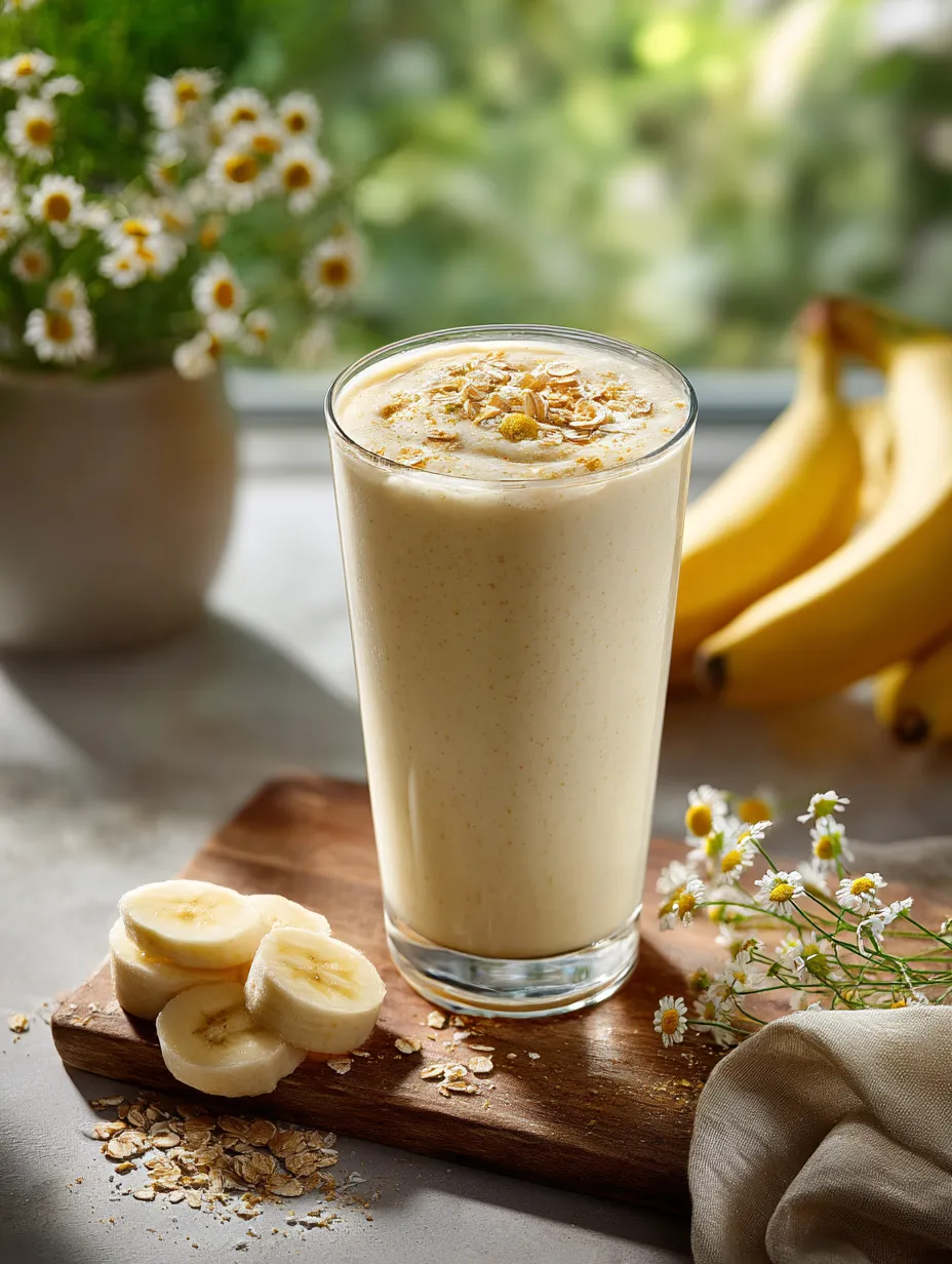 A glass of milk with bananas and flowers.