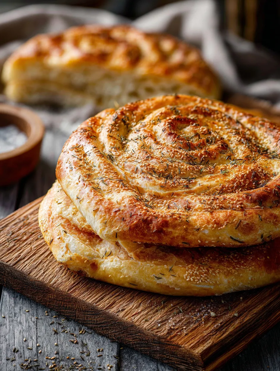 A stack of bread with herbs on top.