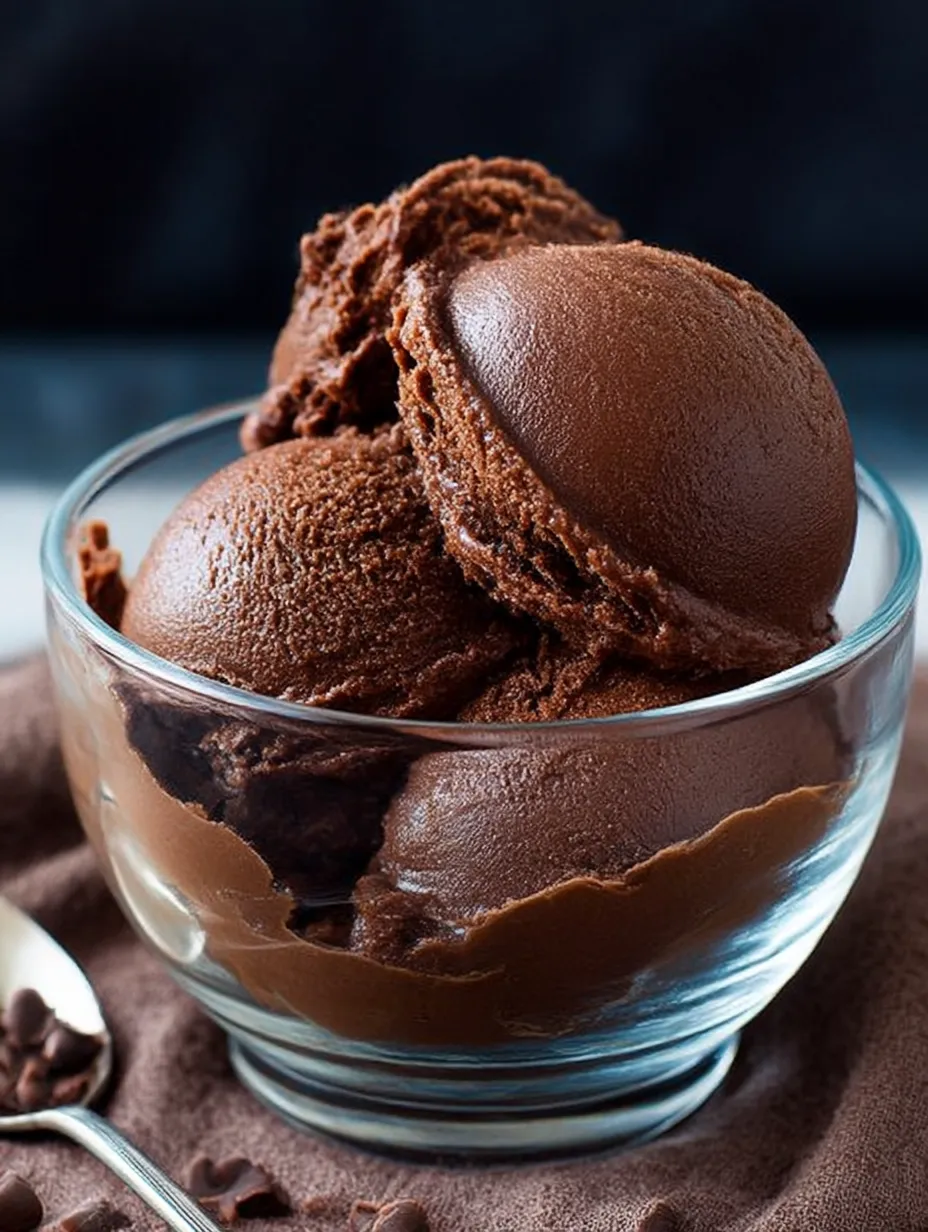 A scoop of chocolate ice cream in a glass bowl.