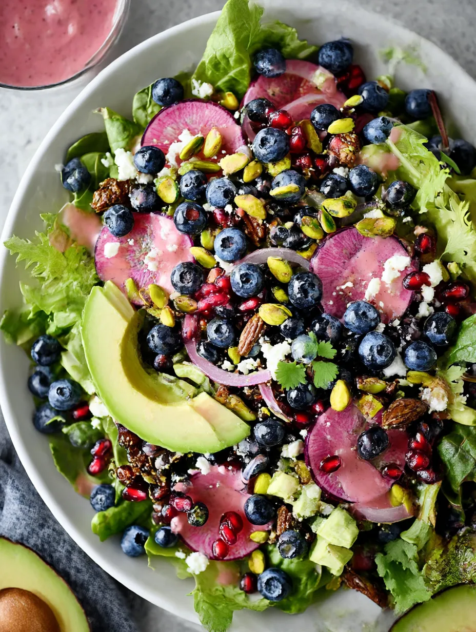 A bowl of salad with blueberries, avocado, and other vegetables.