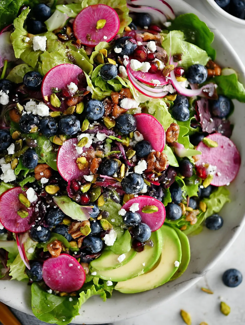 A salad with blueberries, avocado, and walnuts.