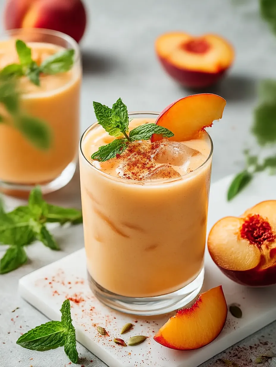 A glass of peach juice with a peach slice on top.