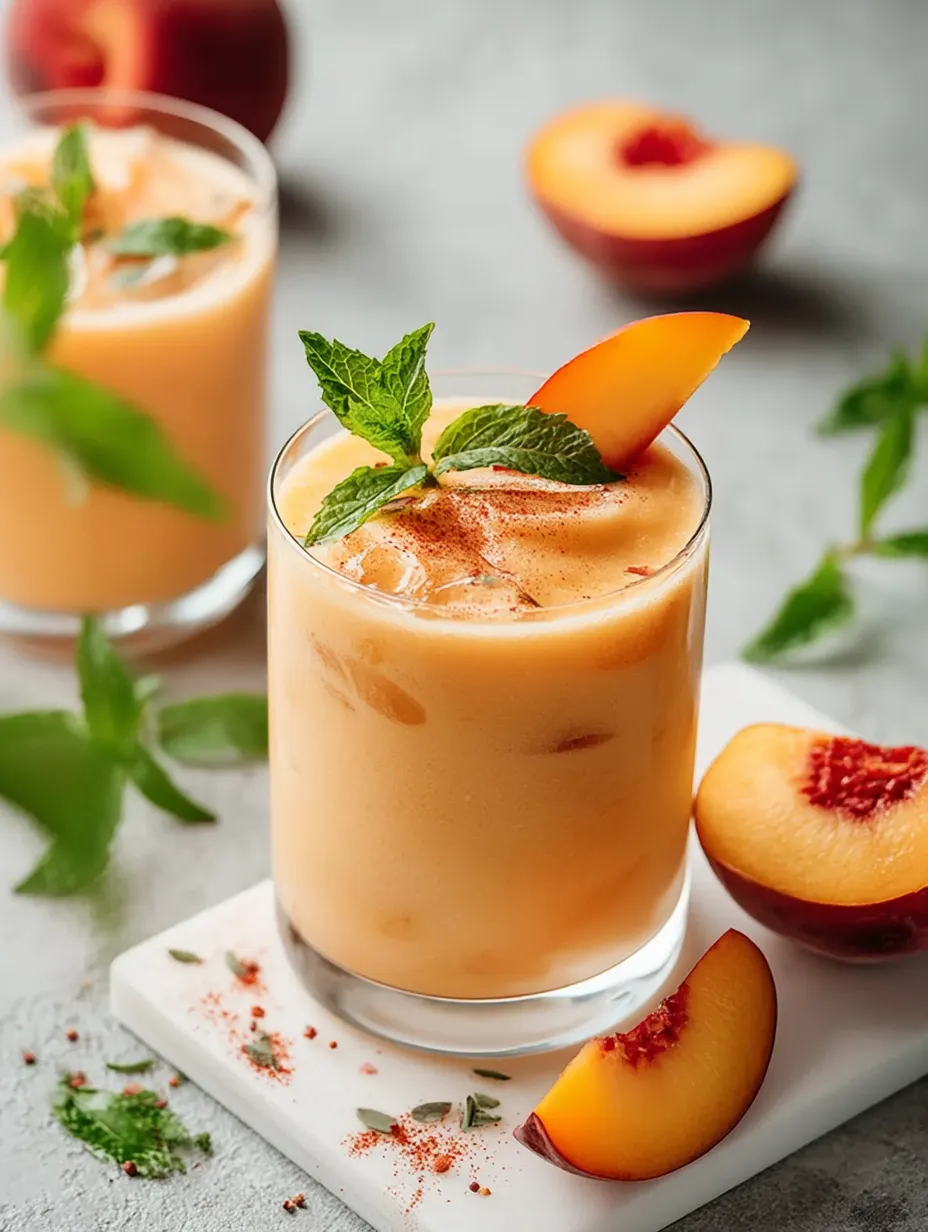 A glass of peach juice with a peach slice on top.