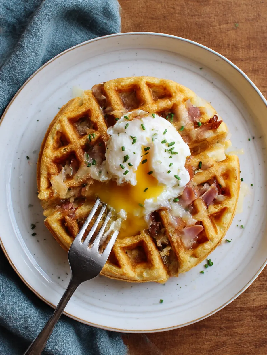 A waffle with a fried egg on top.