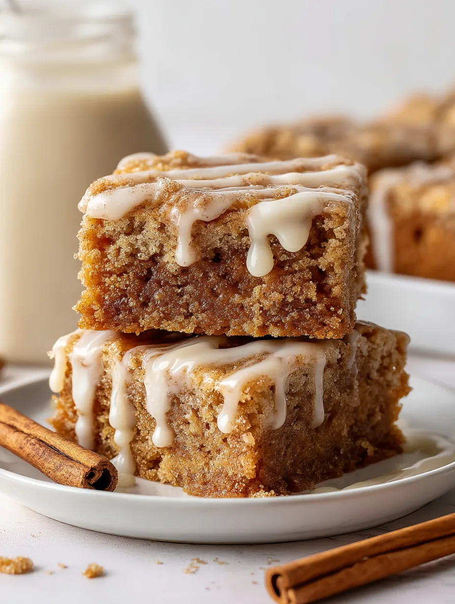 A plate of cake with icing and cinnamon.