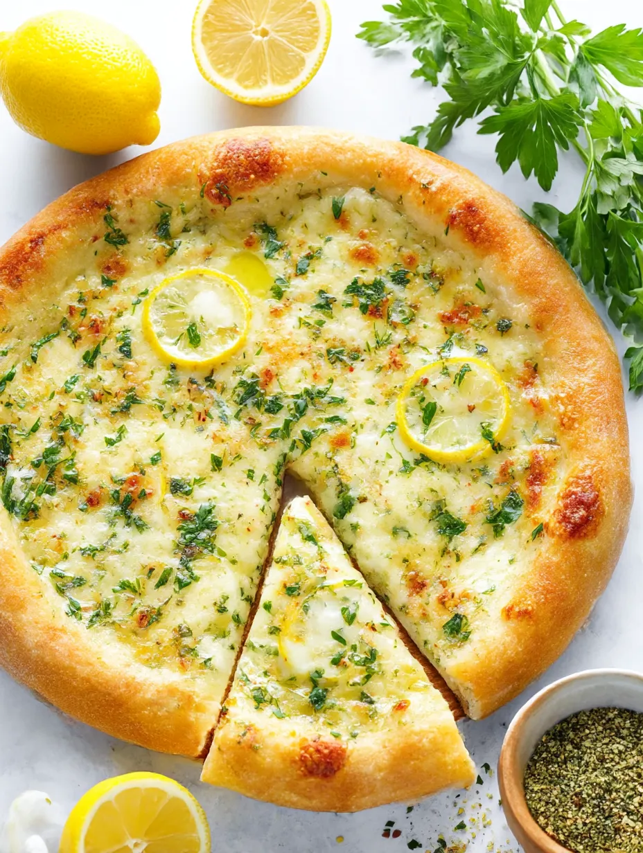 A slice of pizza with yellow lemon wedges on top.