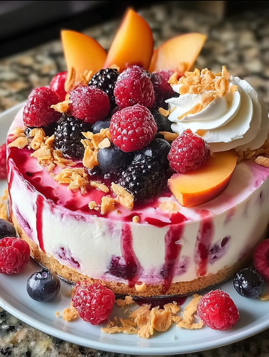 A slice of cake with fruit on top.