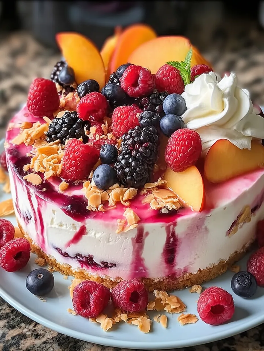 A slice of cake with berries and peaches on top.