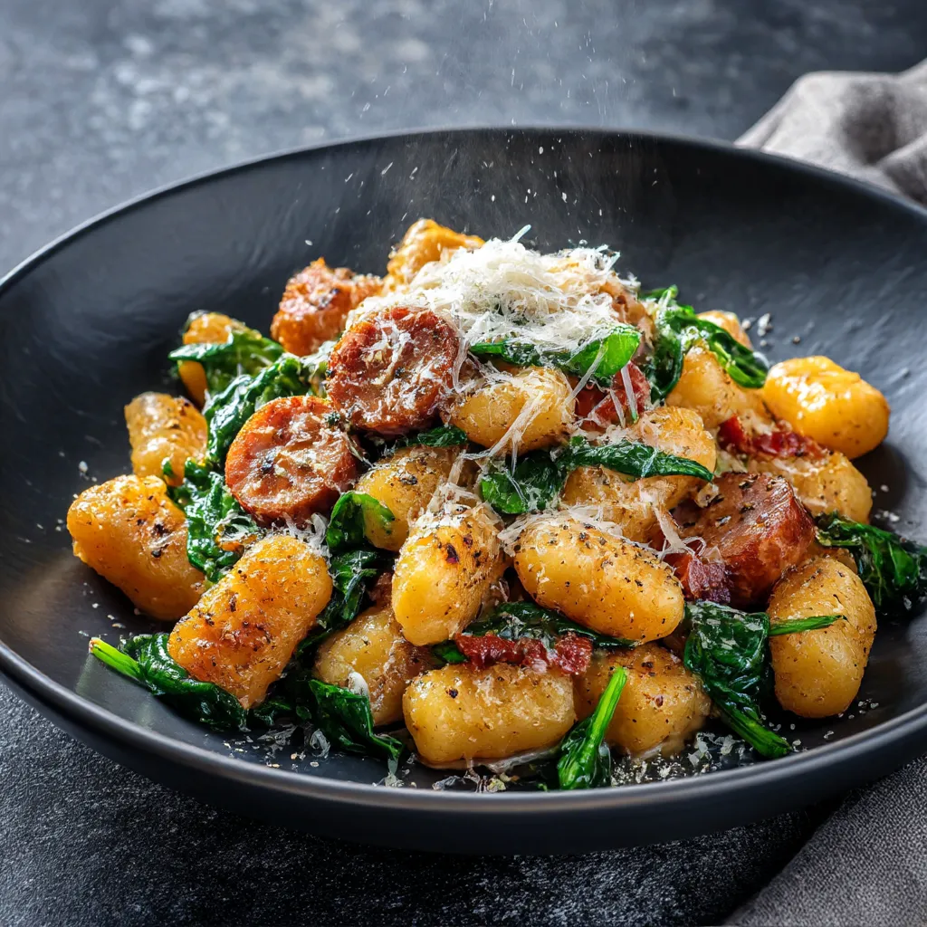 Crispy gnocchi with spinach and sausage