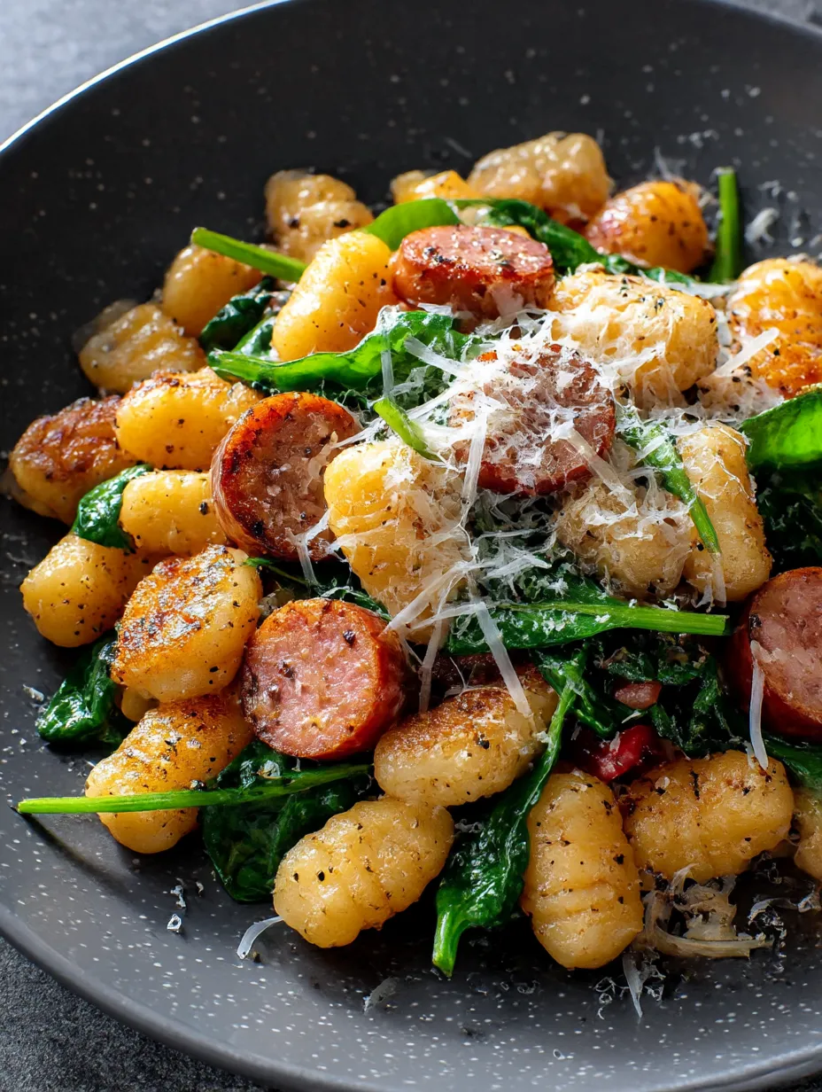 Easy Pan-fried gnocchi with spinach and sausage.