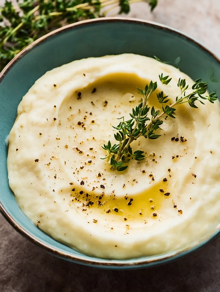 A bowl of cauliflower puree with a sprig of rosemary on top.