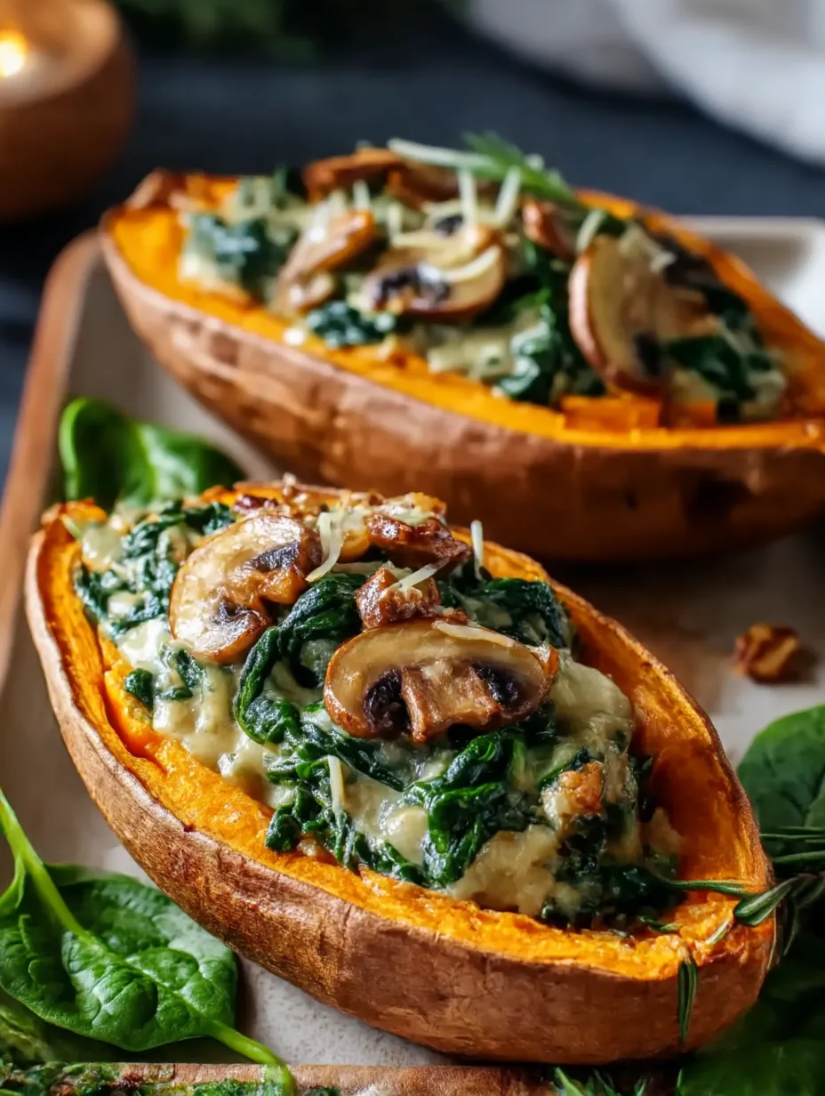Creamy Mushroom and Spinach Stuffed Sweet Potatoes Recipe.