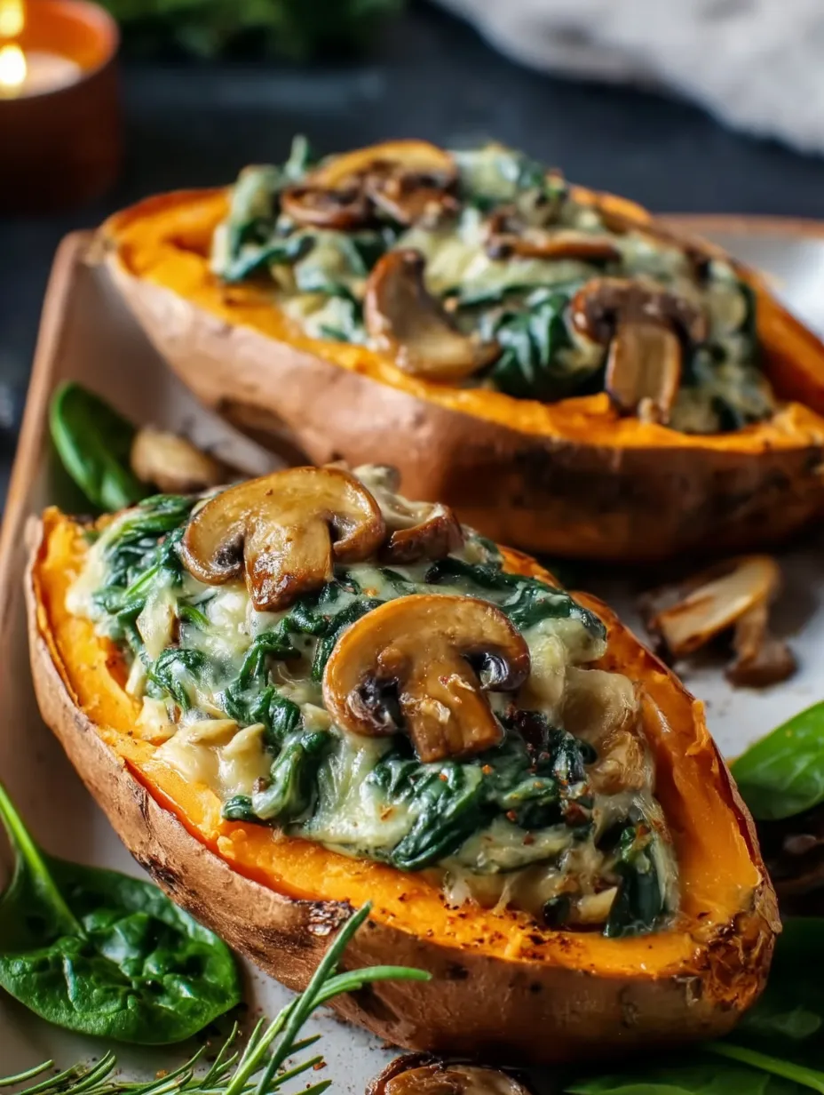 Easy Creamy Mushroom and Spinach Stuffed Sweet Potatoes.